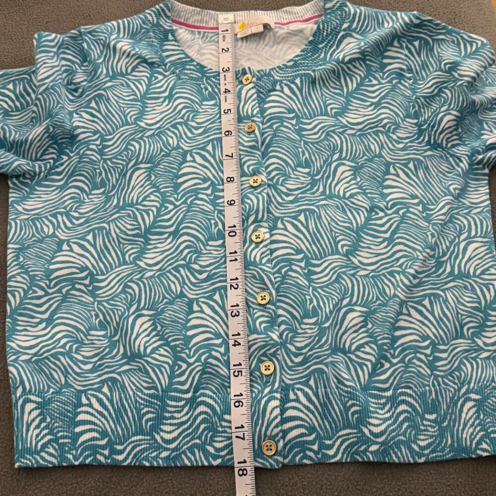 Boden Teal White Abstract Print Button Front Cardigan Sweater Size S - Picture 2 of 6
